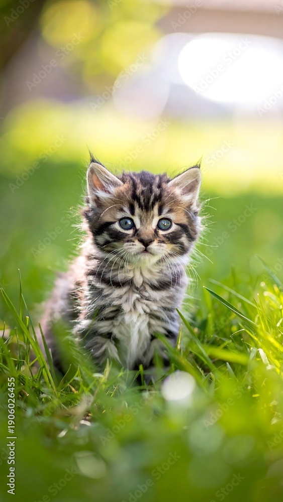 Fototapeta premium Small tabby kitten sits in bright green grass, blurred sunny background vertically