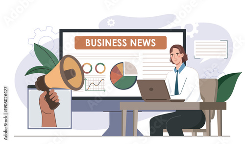 Business news concept. Woman sits near charts and diagrams. Corporate media, information for traders and investors. Businesswoman conducts marketing research. Flat vector illustration