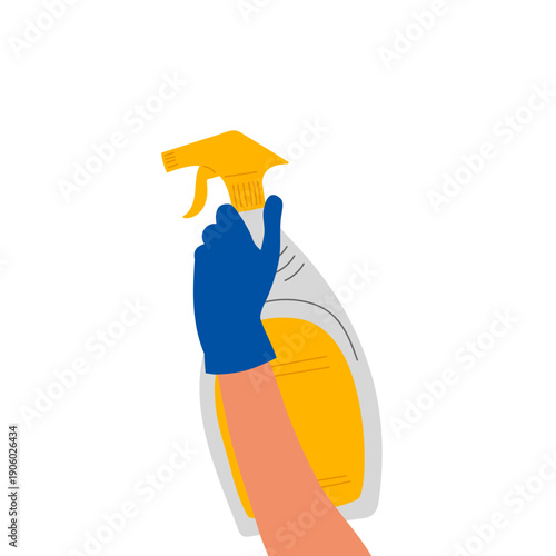 Spray bottle. Woman's elegant hand in blue glove holding spray bottle with cleaning product. Cleaning product advertisement.