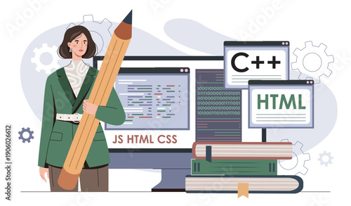 Front end development concept. Woman with pencil near computer screen. Programmer and IT specialist writing code for website page. Programming and coding. Flat vector illustration