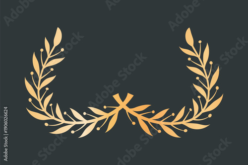 Golden laurel wreath. Luxury insignia and badge. Award and reward. Ornament and decoration. Graphic element for website. Flat vector illustration