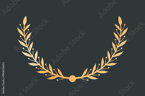 Golden laurel wreath. Luxury insignia and badge. Award and reward. Championship and competition. Soccer badge decoration. Flat vector illustration
