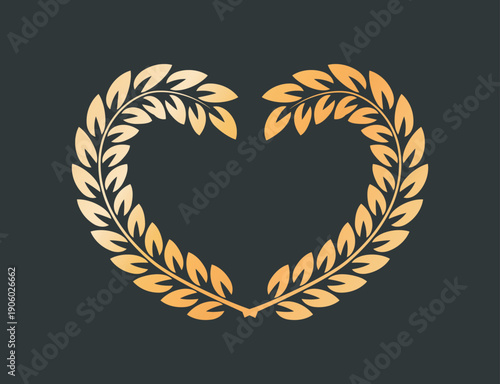 Golden laurel wreath. Luxury insignia and badge. Award and reward. Two branches in heart shape. Decorative patterns and ornaments. Flat vector illustration