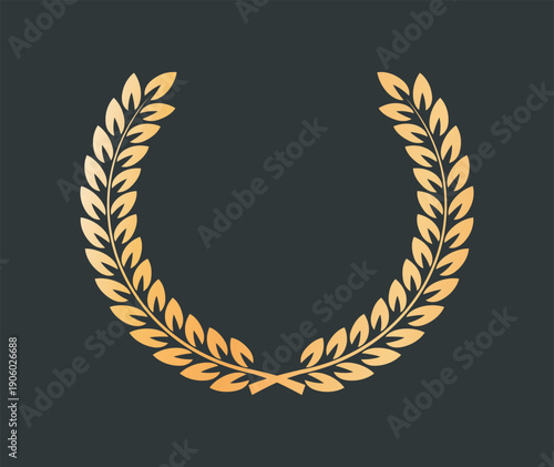 Golden laurel wreath. Luxury insignia and badge. Award and reward. Glory and prestige. Success and honor, pride. Poster and banner. Flat vector illustration