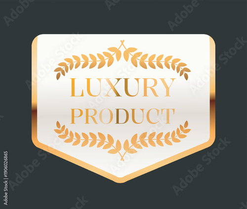 Luxury golden label. Luxury product inscription on tag. Award and reward. Promotion and marketing. Template and layout. Realistic vector illustration