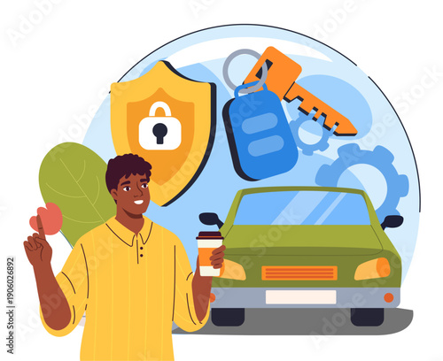 Car protection concept. Man with coffee near car with keys. Young guy near insured car. Safety and security from accidents and disasters. Flat vector illustration