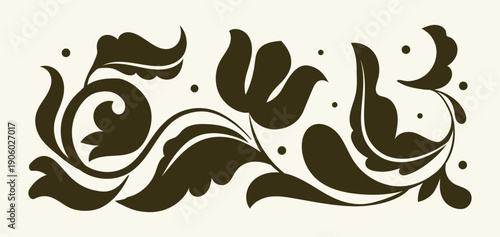 Black floral ornament. Monochrome filigree patterns from flowers. Aesthetics and elegance. Graphic element for website. Flat vector illustration