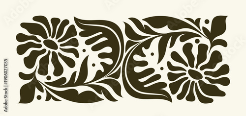 Black floral ornament. Monochrome filigree patterns from flowers. Abstract antique creativity and art. Poster or banner. Flat vector illustration