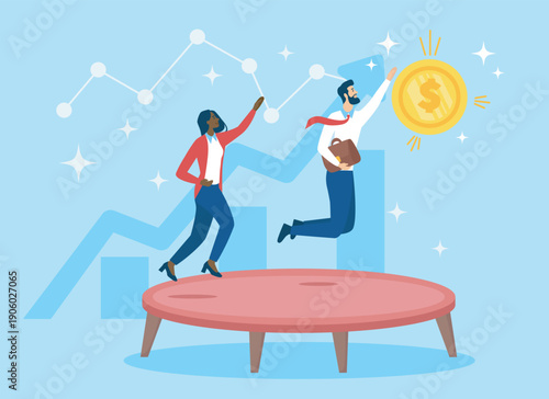 Business people on trampoline. Woman and man jump to golden coin. Concept of financial success. Successful entrepreneurs and investors. Flat vector illustration