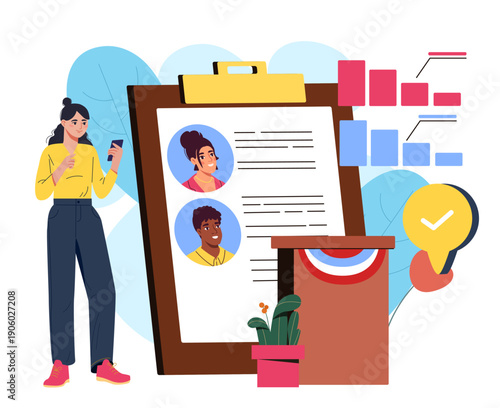 Presidential elections online. Woman with smartphone near two candidates. Democracy and freedom of choice. Elections and referendums, voting. Flat vector illustration