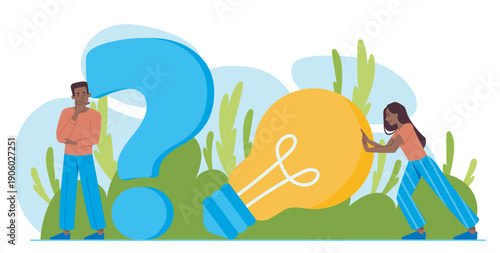 Problem solving concept. Man near question mark and woman with light bulb. Brainstorming, and inspiration. Team solves business problems. Collaboration and cooperation. Flat vector illustration