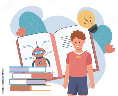 Robot repair concept. Boy near book with instructions for repairing robot. Robotics courses, technical education for schoolchildren. Hobby and leisure. Flat vector illustration