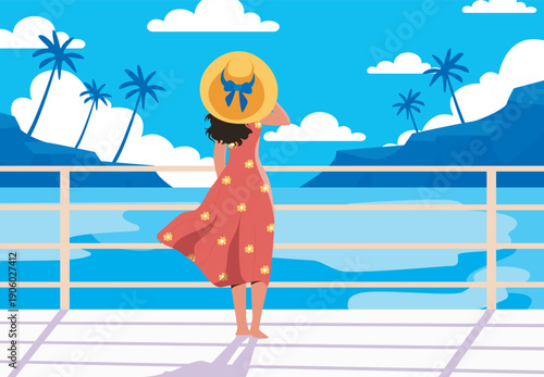Woman stands on pier. Young girl in red dress and hat stands on seashore. Tourist vacationing in tropical and exotic country. Holiday and vacation. Flat vector illustration