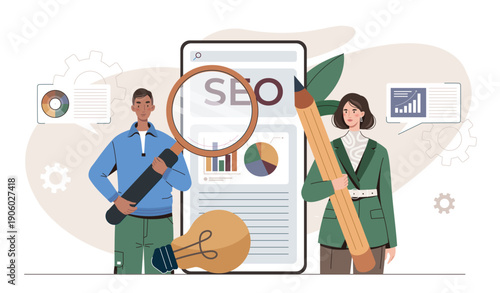 SEO analytics team. Man with magnifying glass and woman with pencil near graphs and charts. Optimizing website pages for search engine rankings. Online marketing. Flat vector illustration