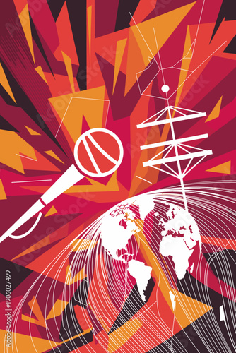 Global communication broadcasting microphone broadcasting live news event on world map earth globe with abstract energetic geometric background modern technology concept for media industry broadcast e