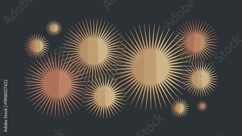 Abstract geometric sunburst burst starburst explosion pattern golden copper metallic gradient on dark background modern minimalist decorative graphic element for luxury branding and elegant design pro