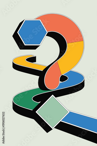 Abstract 3D number two graphic design with geometric shapes and vibrant colors forming a winding path conceptual for progress development planning and strategy illustration for business presentations