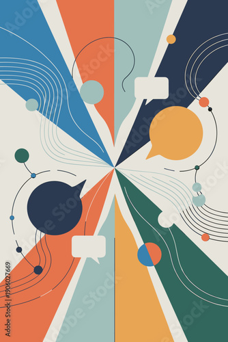 Abstract communication concept with colorful geometric shapes and speech bubbles representing ideas dialogue and connection modern graphic design for business presentations technology and social media