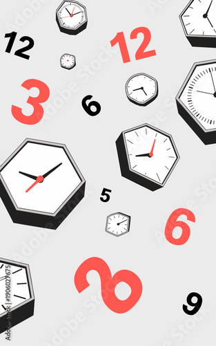 Modern abstract clock faces and numbers scattered across a minimalist background symbolizing time passing deadline management and schedule organization concept for business presentations technology an