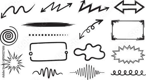 A versatile collection of hand drawn doodle elements featuring dynamic arrows various lines and an array of abstract frames and shapes for design