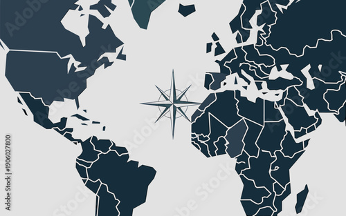 World map with compass rose at center showing global navigation direction and international travel exploration concept for business logistics and adventure discovery illustration modern clean design