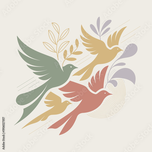 Flock of stylized doves flying gracefully with abstract organic shapes and foliage elements symbolizing peace freedom and nature in a minimalist modern graphic illustration for spiritual or wellness t
