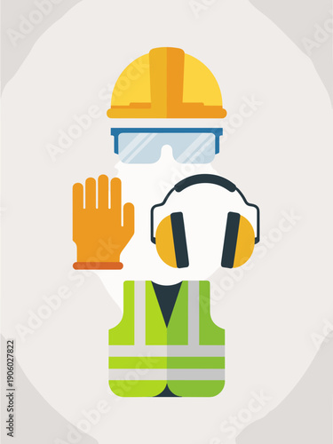 Construction safety gear set featuring hard hat safety glasses gloves and ear protection vest for industrial worker protection and hazard prevention concept illustration for building site industry and
