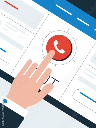 Close-up hand tapping red phone icon on digital screen interface for customer service call connection communication app concept modern flat design illustration for business technology web design