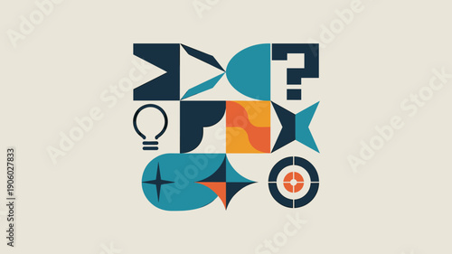 Geometric abstract composition representing ideas innovation strategy and success with icons for lightbulb question mark target and star modern graphic design for business presentations and corporate