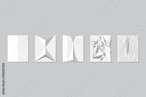 Evolution of paper from flat to crumpled to textured transformation process concept stages abstract geometric shapes white monochrome background for presentation design innovation ideas