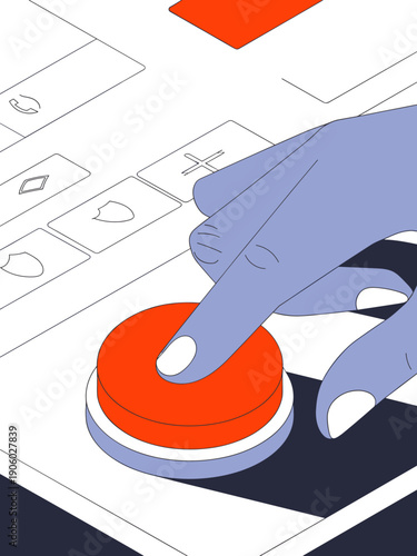 Hand pressing bright red large button on futuristic interface with abstract icons symbolizing technology innovation decision making action choice launching new project or starting process digital tran