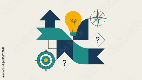 Abstract strategy planning with lightbulb idea compass and target symbols showing business growth direction and problem solving concepts for presentations and corporate marketing materials