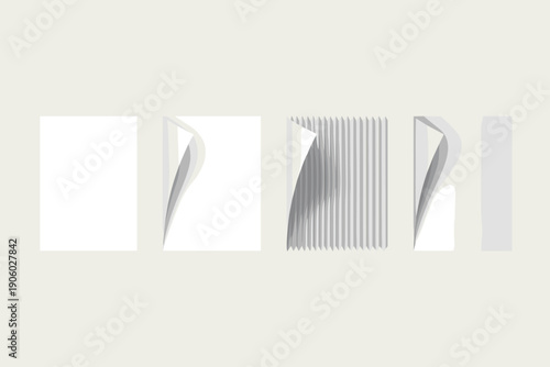 Stacked paper pages with curled corners and fanned edges showing progression data organization and document management concepts for business presentations and creative projects clean minimalist design