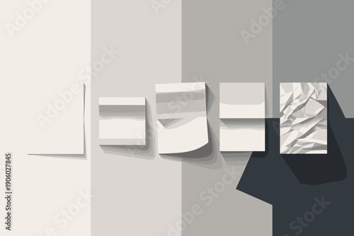 Clean white paper sheets in various states of presentation ready for design concept development or creative brainstorming business idea generation minimalist graphic resources for marketing advertisin