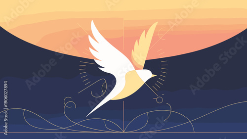 White dove bird flying freedom concept soaring upward into abstract sunset gradient sky with delicate graphic lines symbolizing hope renewal spiritual journey peaceful ascension elegant minimalist ill