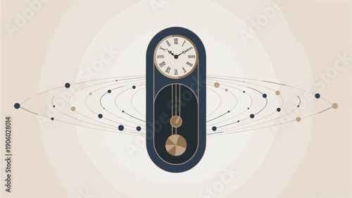 Elegant vintage pendulum grandfather clock with roman numerals on face and abstract orbital planetary system graphic representation time passing concept cosmic journey concept modern abstract design f