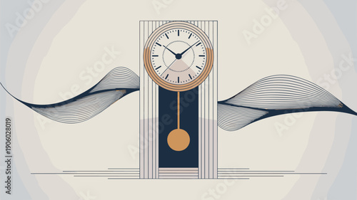 Vintage grandfather clock pendulum swinging rhythmically on minimalist background with abstract flowing lines representing time flowing or sound waves abstract art graphic design for timeless concept