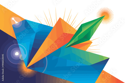 Abstract geometric explosion of vibrant blue orange and green crystal shapes shards radiating outward with lens flare effect symbolizing innovation growth and success for modern technology business pr