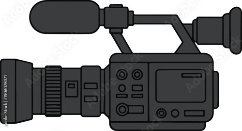 Professional digital video camera with handle and microphone, minimalist vector illustration
