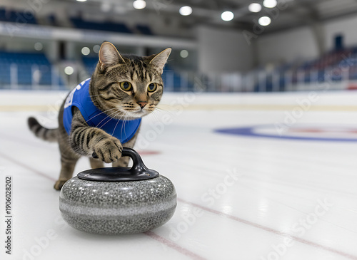 Tabby cat wearing blue jersey playing curling on ice rink