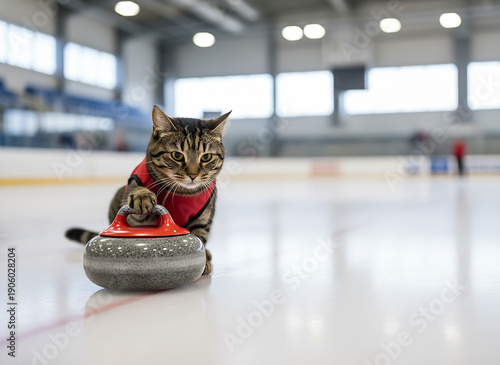Tabby cat wearing red vest pushing curling stone on ice rink