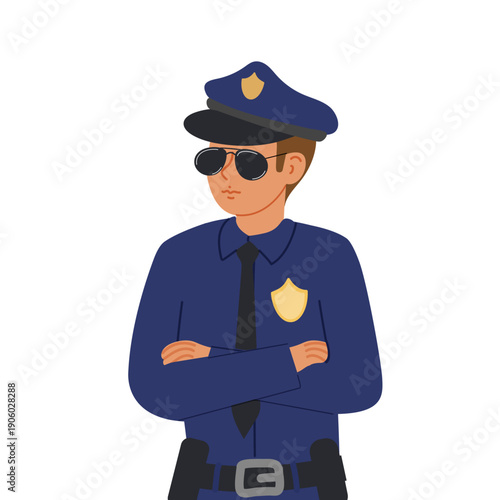 Police man in full gear and dark protective glasses stands with arms crossed on chest, strict law enforcer. Vector illustration.