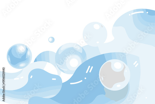 Abstract blue and white spheres floating on liquid waves with soft gradients and highlights minimalist clean design for cosmetic health and beauty product advertising healthcare science and technology