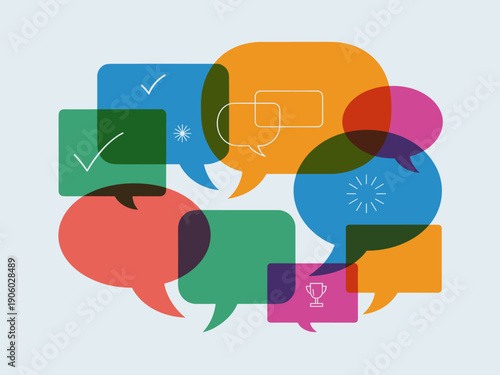 Colorful overlapping speech bubbles with icons representing ideas dialogue communication feedback success and teamwork for corporate presentations business strategy discussions and modern technology c