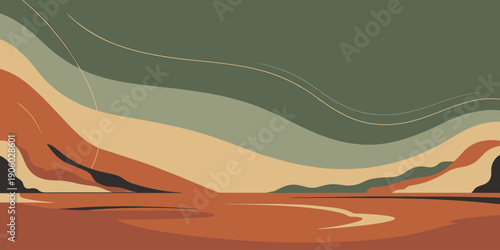 Abstract landscape panoramic background with flowing wavy lines and earthy tones representing serene nature and natural beauty for graphic design projects and environmental concepts