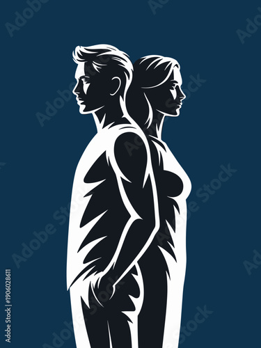 Silhouette couple man and woman back to back facing opposite directions symbolizing relationship challenges or opposing views conceptual illustration for partnership conflict or duality abstract desig