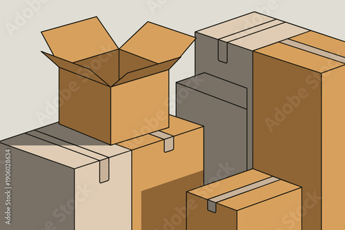 Stack of cardboard boxes open and closed for shipping and delivery logistics moving storage warehousing e-commerce fulfillment packaging industry concept illustration clean modern graphic design busin