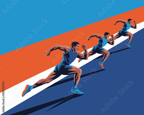 Athletic male runners competing in race sprint competition dynamic motion illustration representing speed success teamwork and achievement for sports marketing and motivational concepts