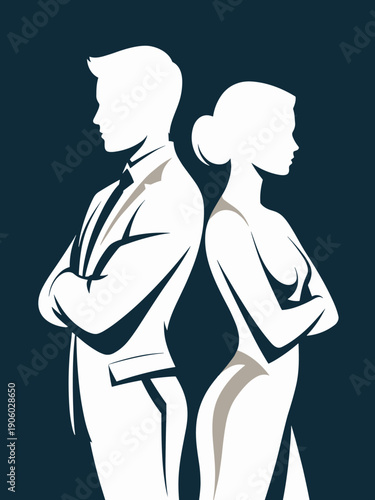 Silhouette couple standing back to back arms crossed showing disagreement or conflict concept illustration for relationship issues business dispute or societal division graphic design