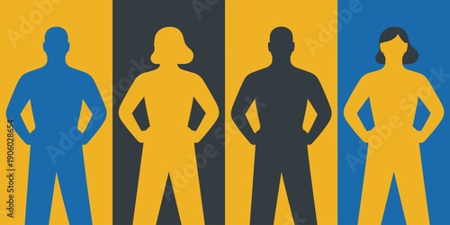 Diverse group of people standing confidently with hands on hips in a modern graphic style illustration representing teamwork unity diversity equality and collaboration for business presentations marke